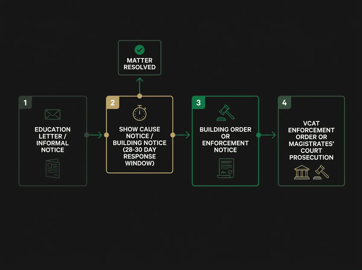 Show Cause Notice enforcement escalation flowchart for Melbourne developers showing four stages from education letter to VCAT