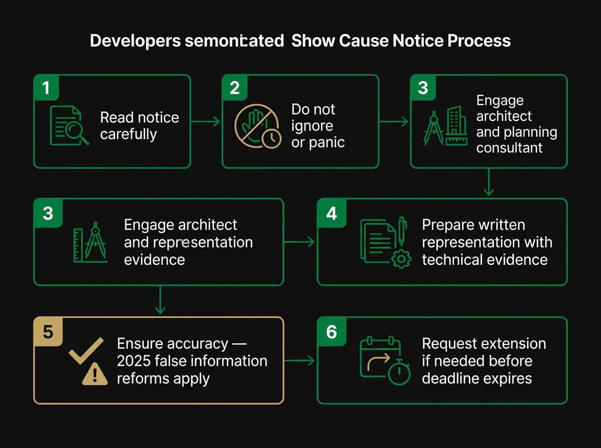 Show Cause Notice response steps flowchart for Victorian property developers showing six actions from receipt to submission