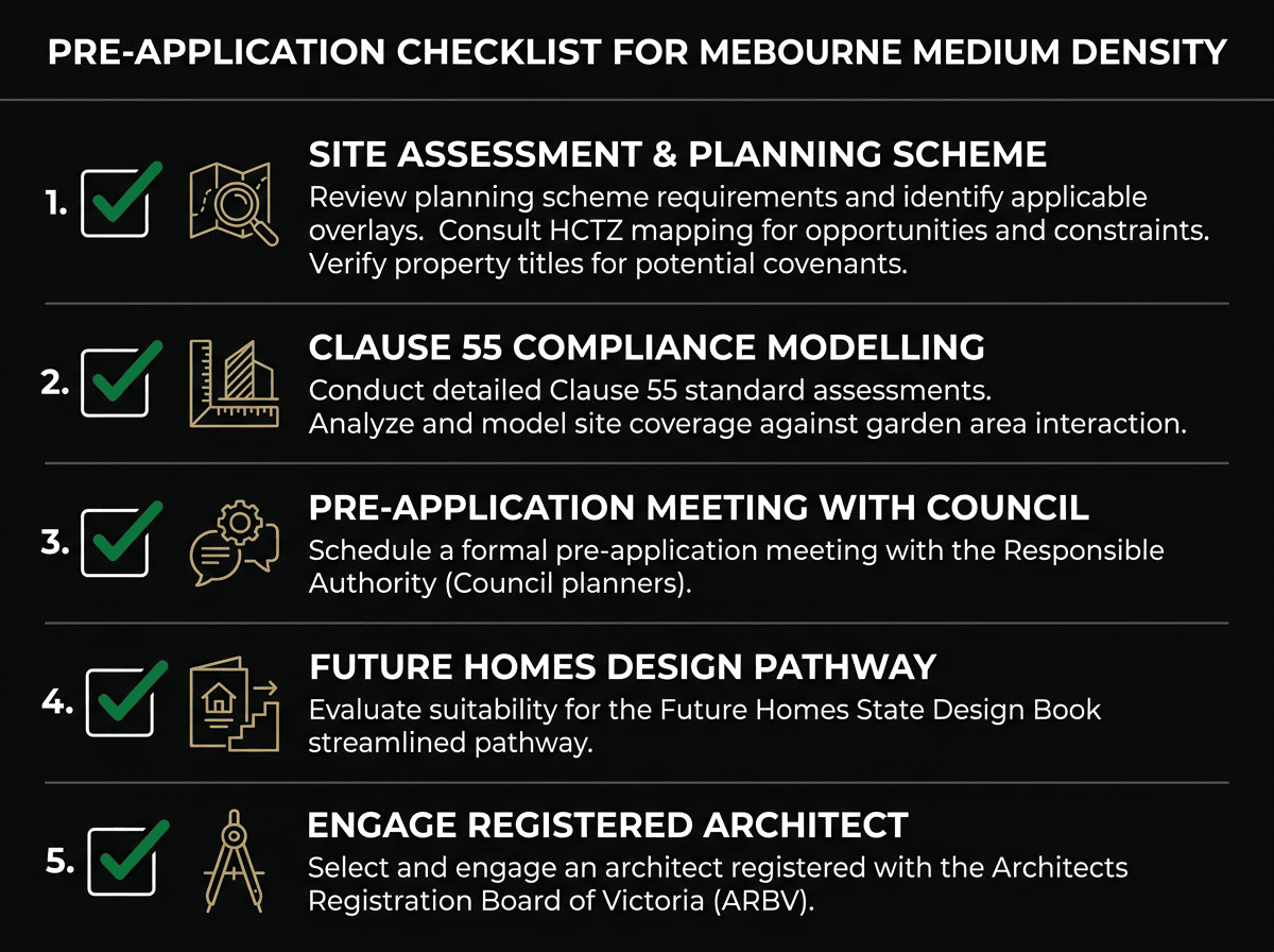 Medium density development Melbourne pre-application checklist showing five steps from site assessment to ARBV architect engagement