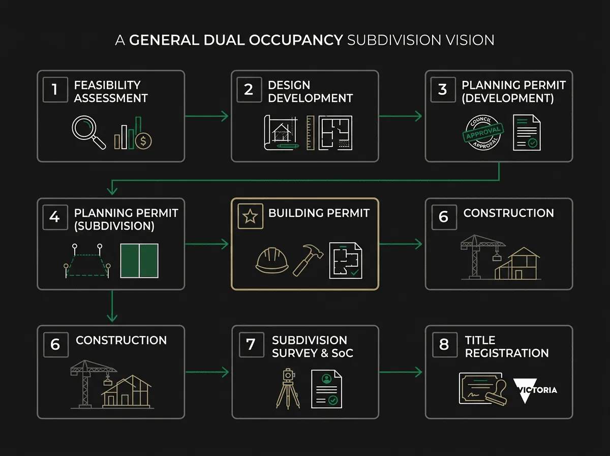 Dual occupancy subdivision process flowchart showing 8 steps from feasibility to title registration in Victoria