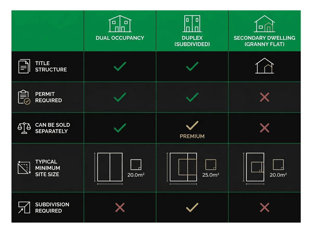 Dual occupancy vs duplex vs secondary dwelling comparison chart for Melbourne property developers