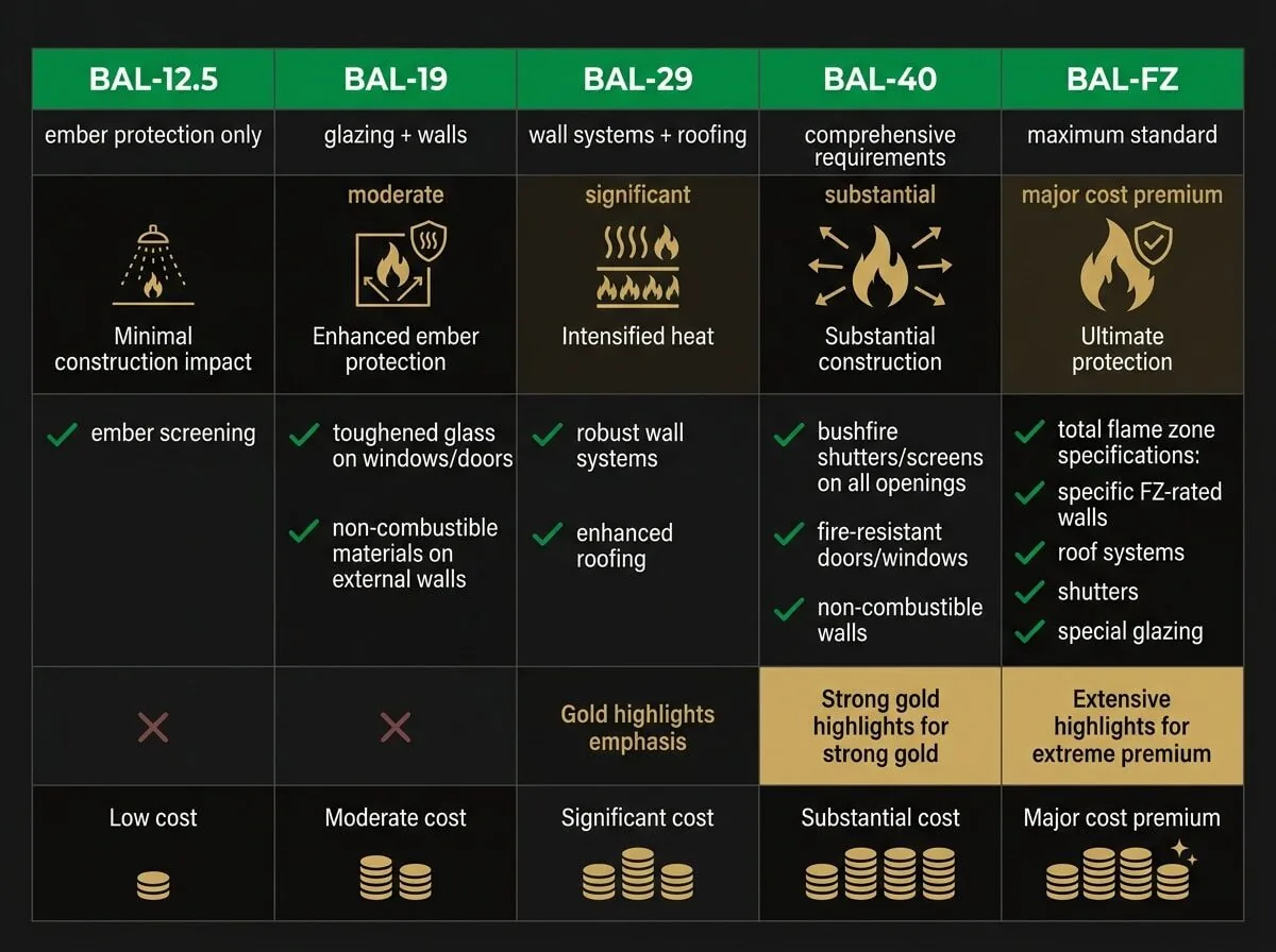 BAL rating comparison chart showing construction cost impact and AS 3959 requirements for Victoria bushfire-prone sites