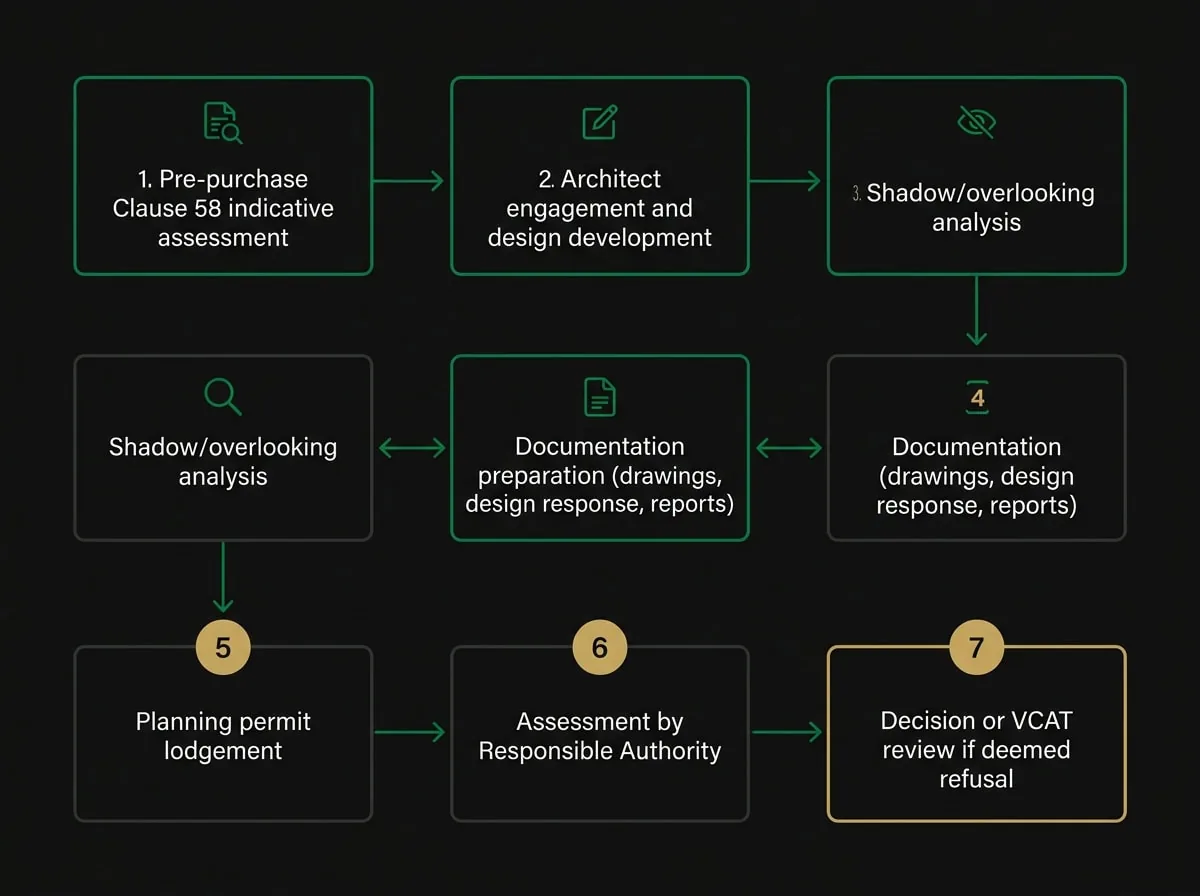 Clause 58 planning permit application flowchart showing steps from site assessment to decision in Melbourne