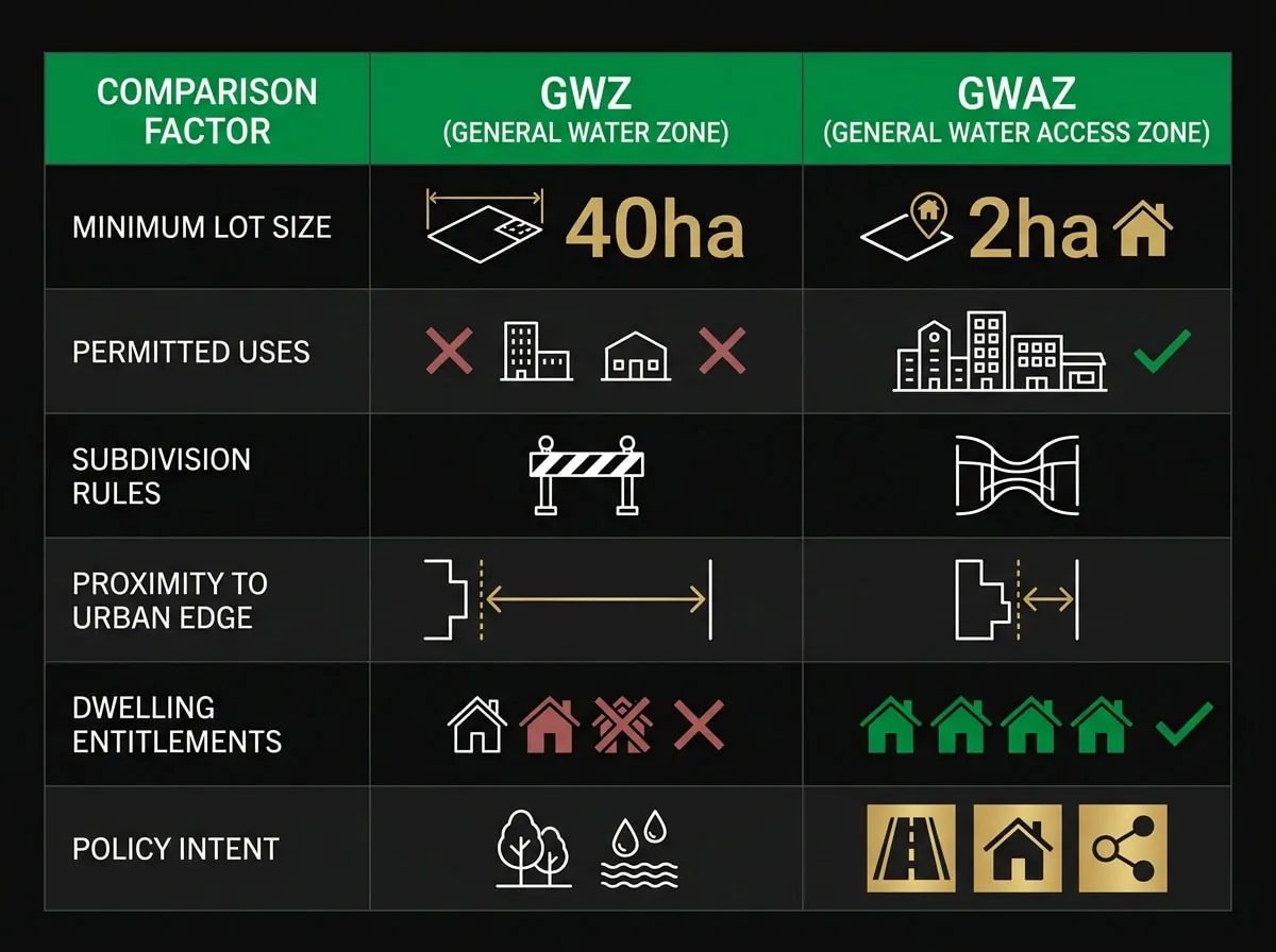 GWZ vs GWAZ comparison chart showing permitted uses and minimum lot sizes for Melbourne green wedge zones