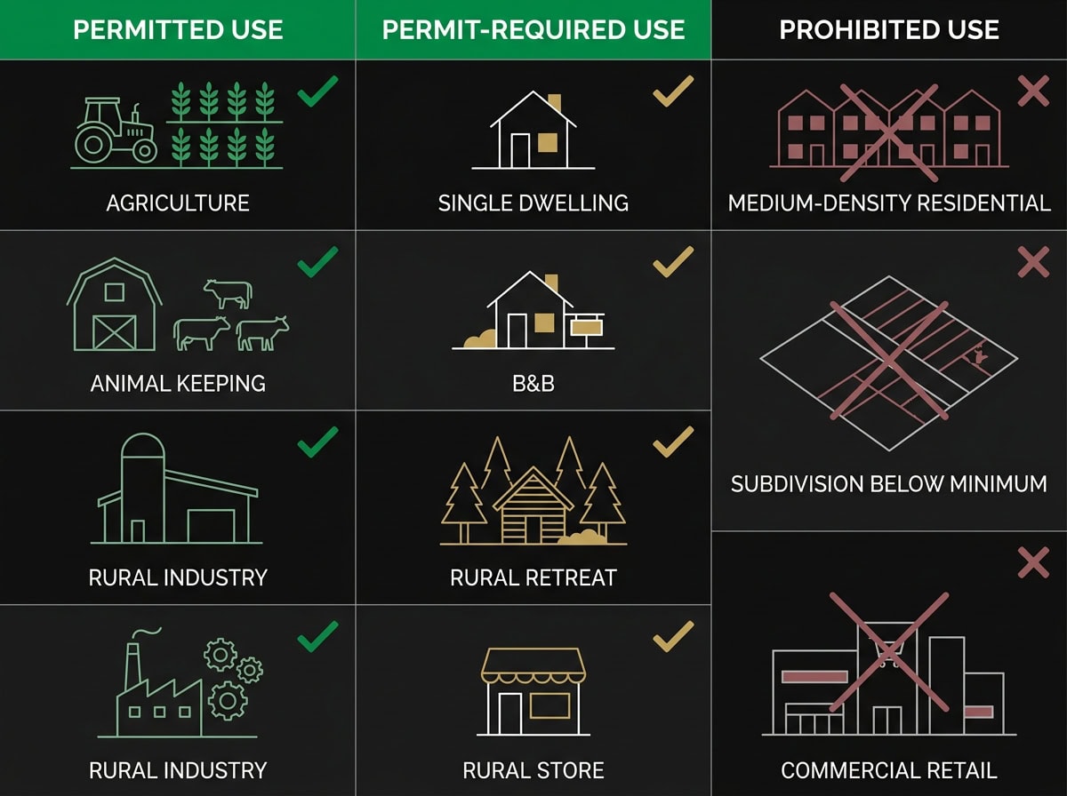 Green Wedge Zone permitted uses comparison chart showing as-of-right, permit-required and prohibited uses in Victoria