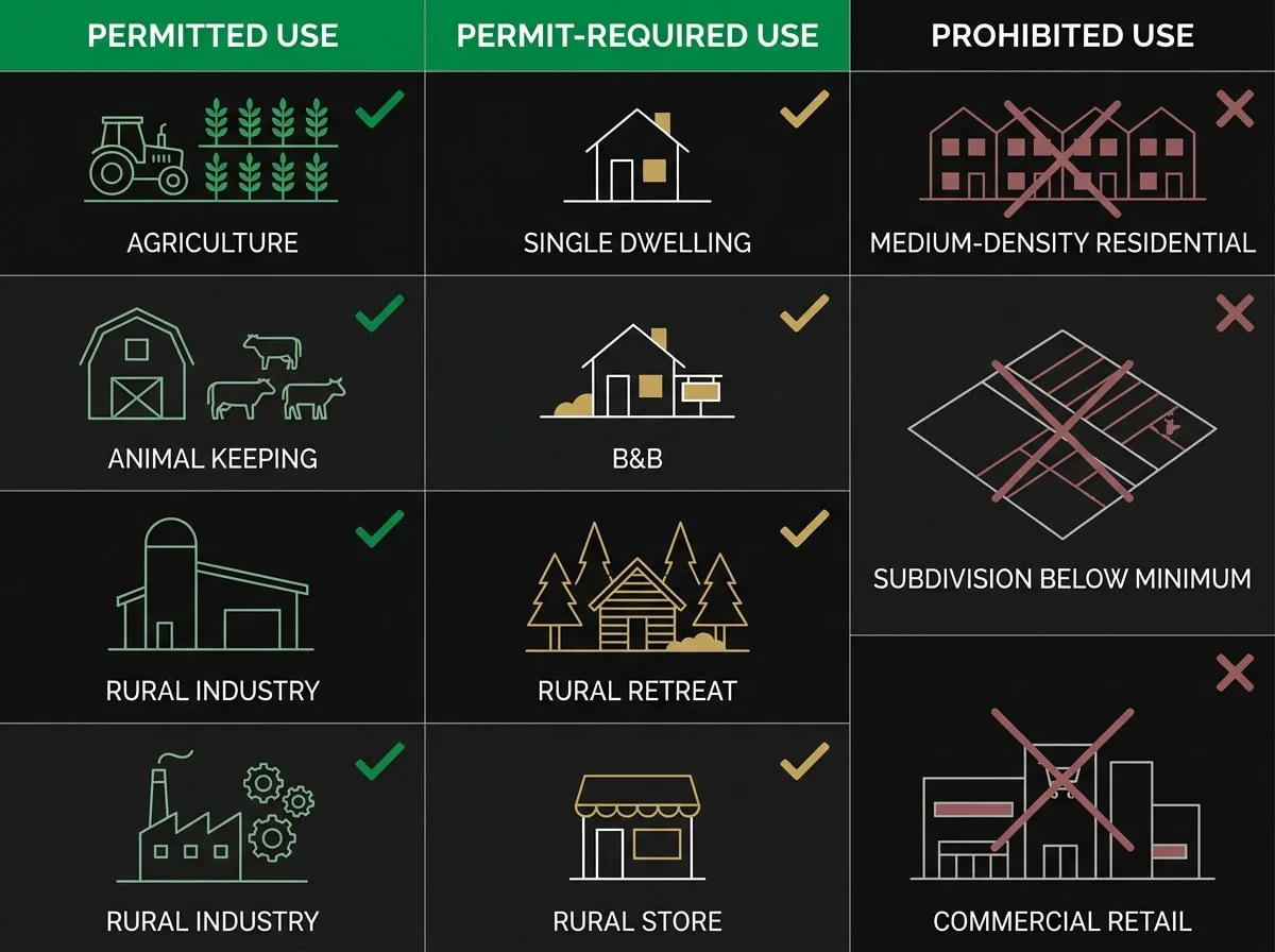 Green Wedge Zone permitted uses comparison chart showing as-of-right, permit-required and prohibited uses in Victoria