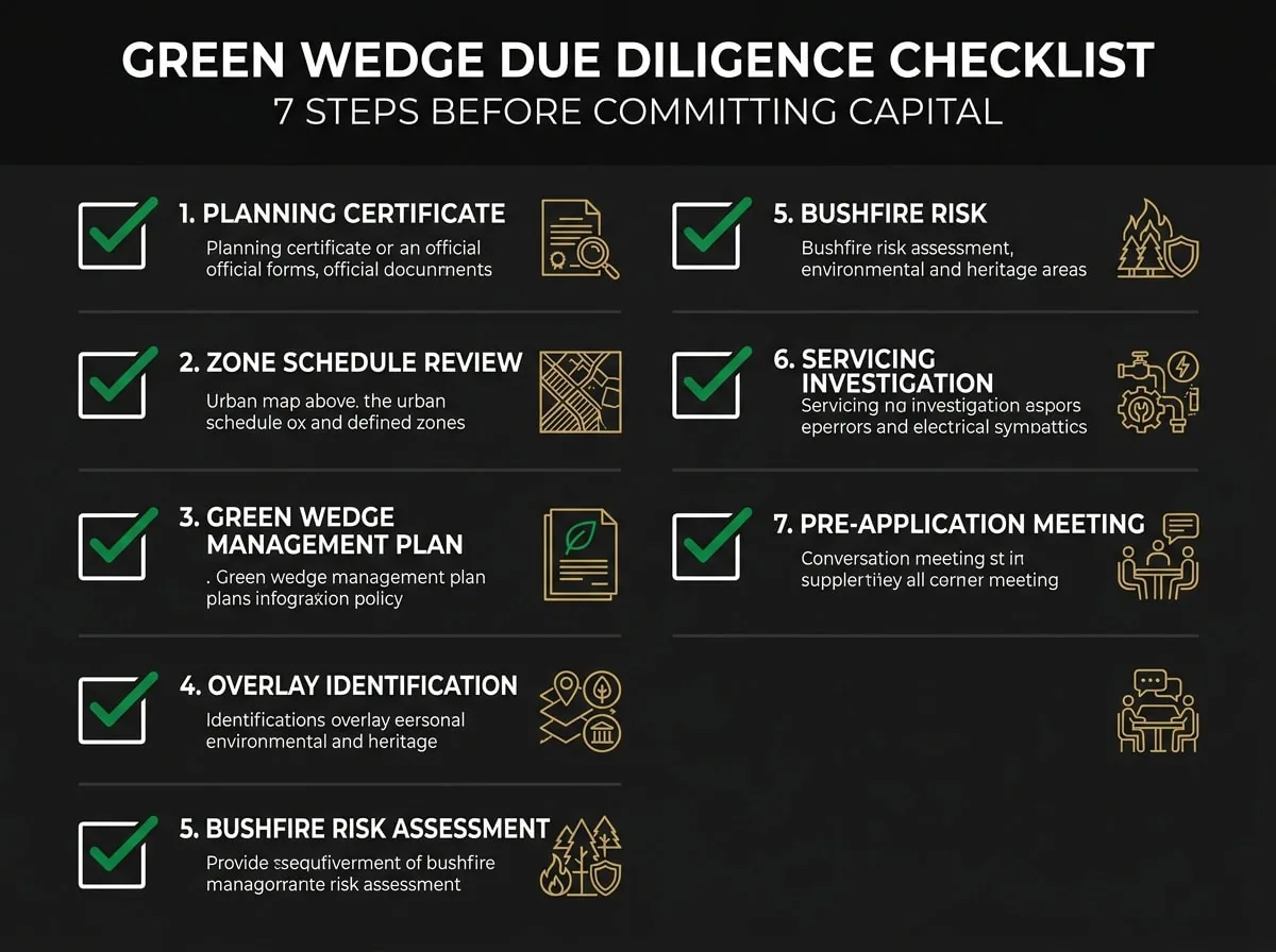 Green wedge site due diligence checklist showing 7 steps for Melbourne property developers before acquisition