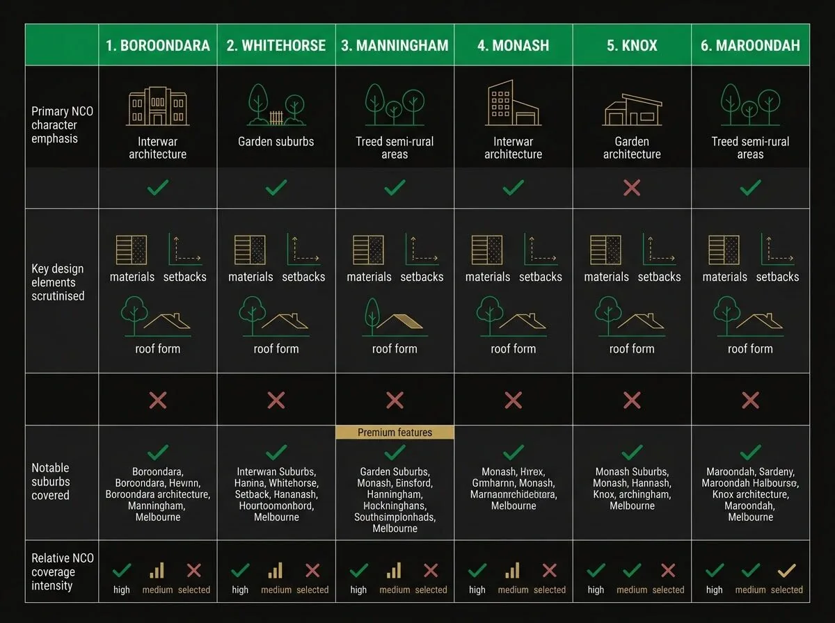 NCO schedule comparison chart showing key design objectives across 6 Melbourne councils