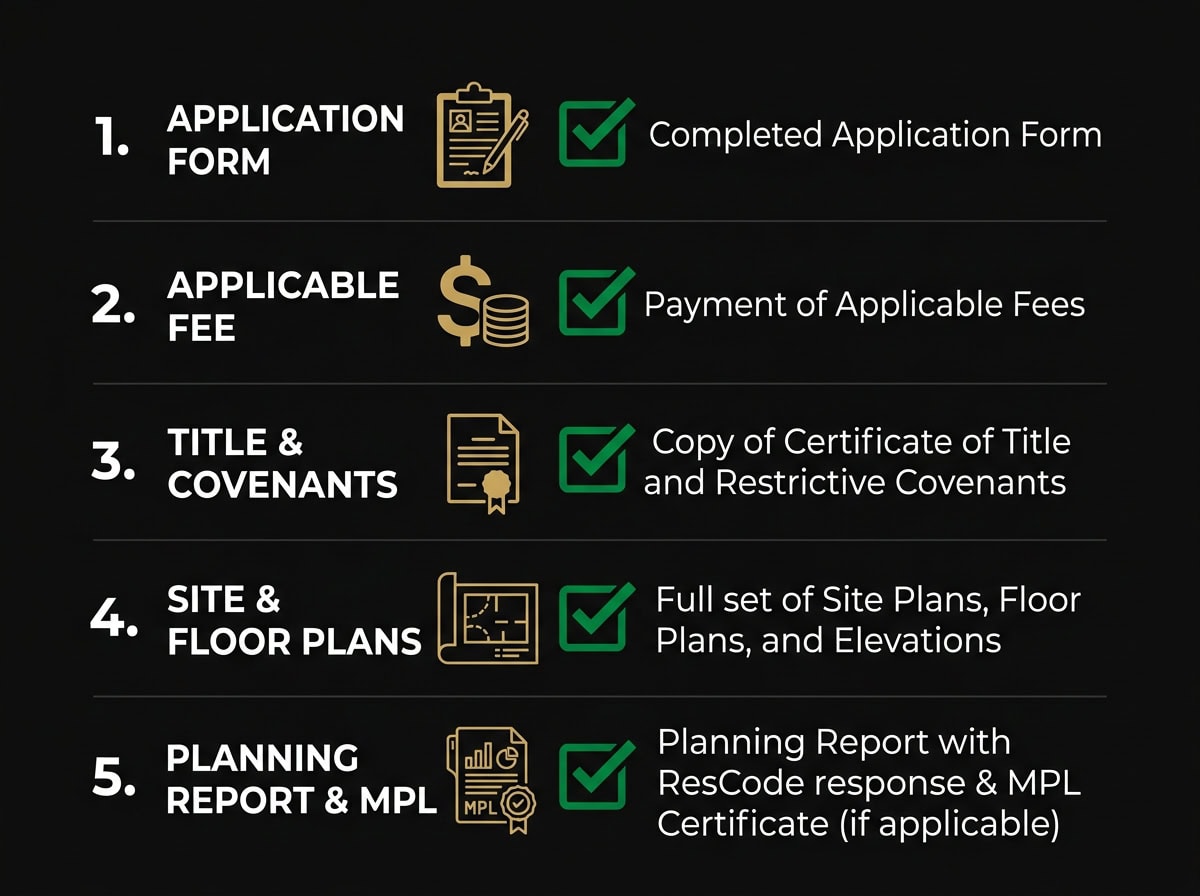 Planning permit application documentation checklist for Victoria showing required items for complete lodgement