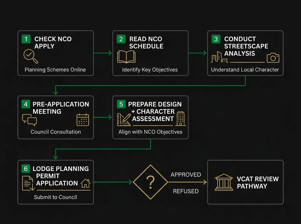 Planning permit application flowchart for Melbourne NCO areas showing steps from site check to VCAT review