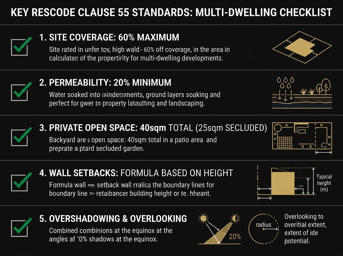 ResCode Clause 55 compliance checklist for Melbourne multi-dwelling developments showing 7 key standards