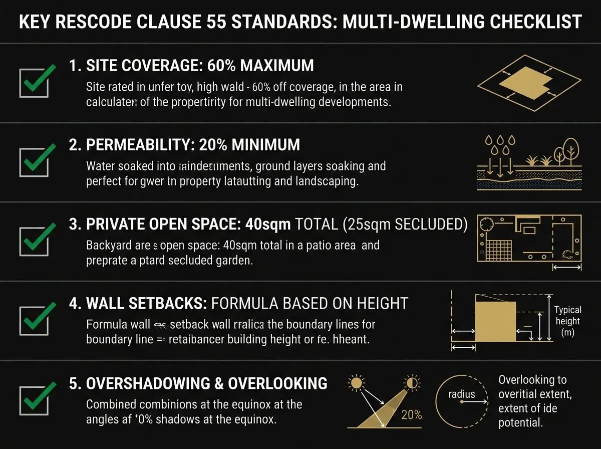 ResCode Clause 55 compliance checklist for Melbourne multi-dwelling developments showing 7 key standards