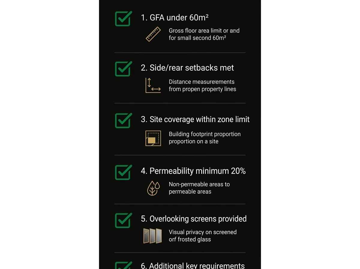 ResCode compliance checklist for small second dwellings in Melbourne showing key design standards