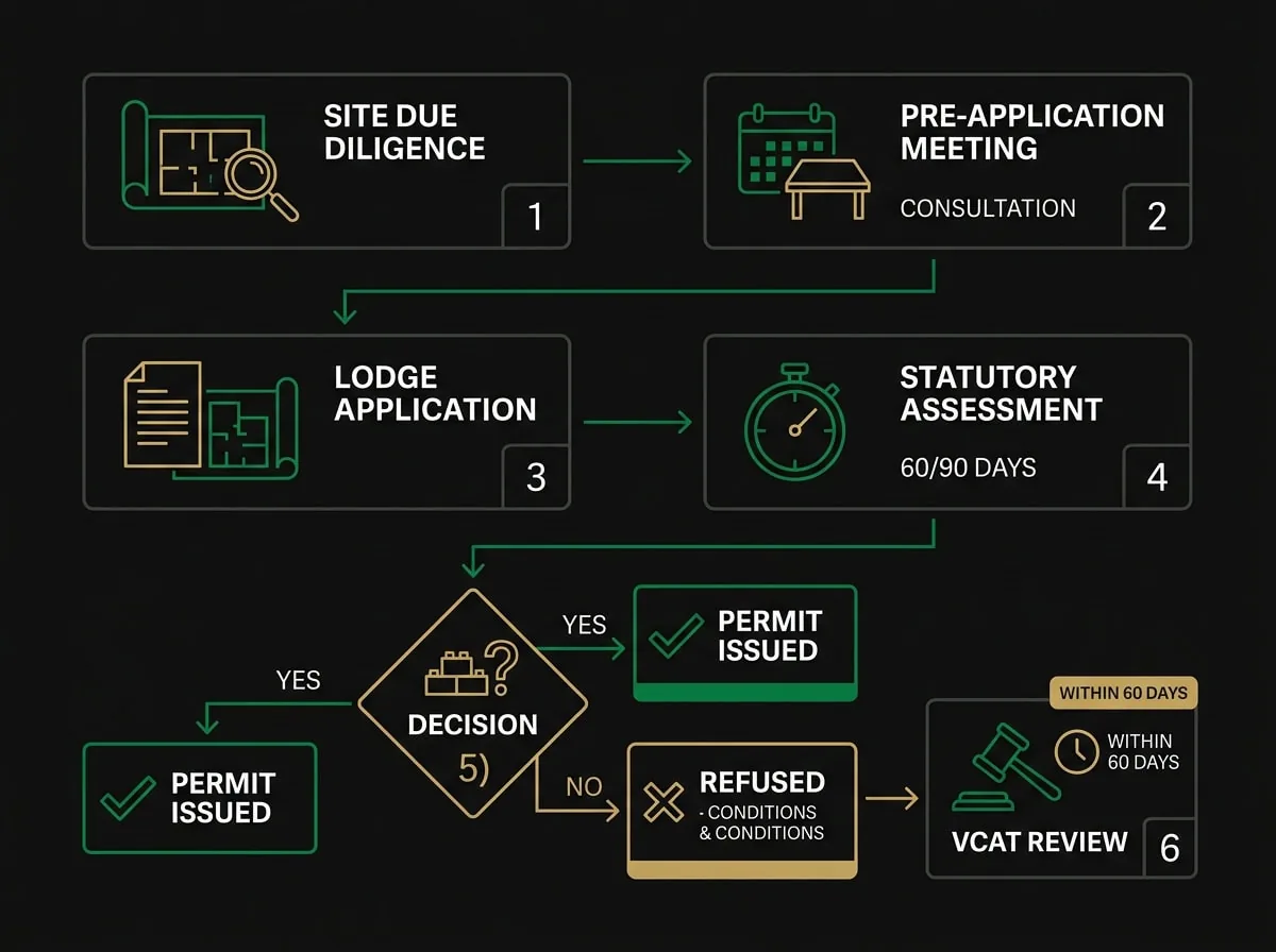 Victorian planning permit application process flowchart showing steps from site assessment to VCAT review for Melbourne developers